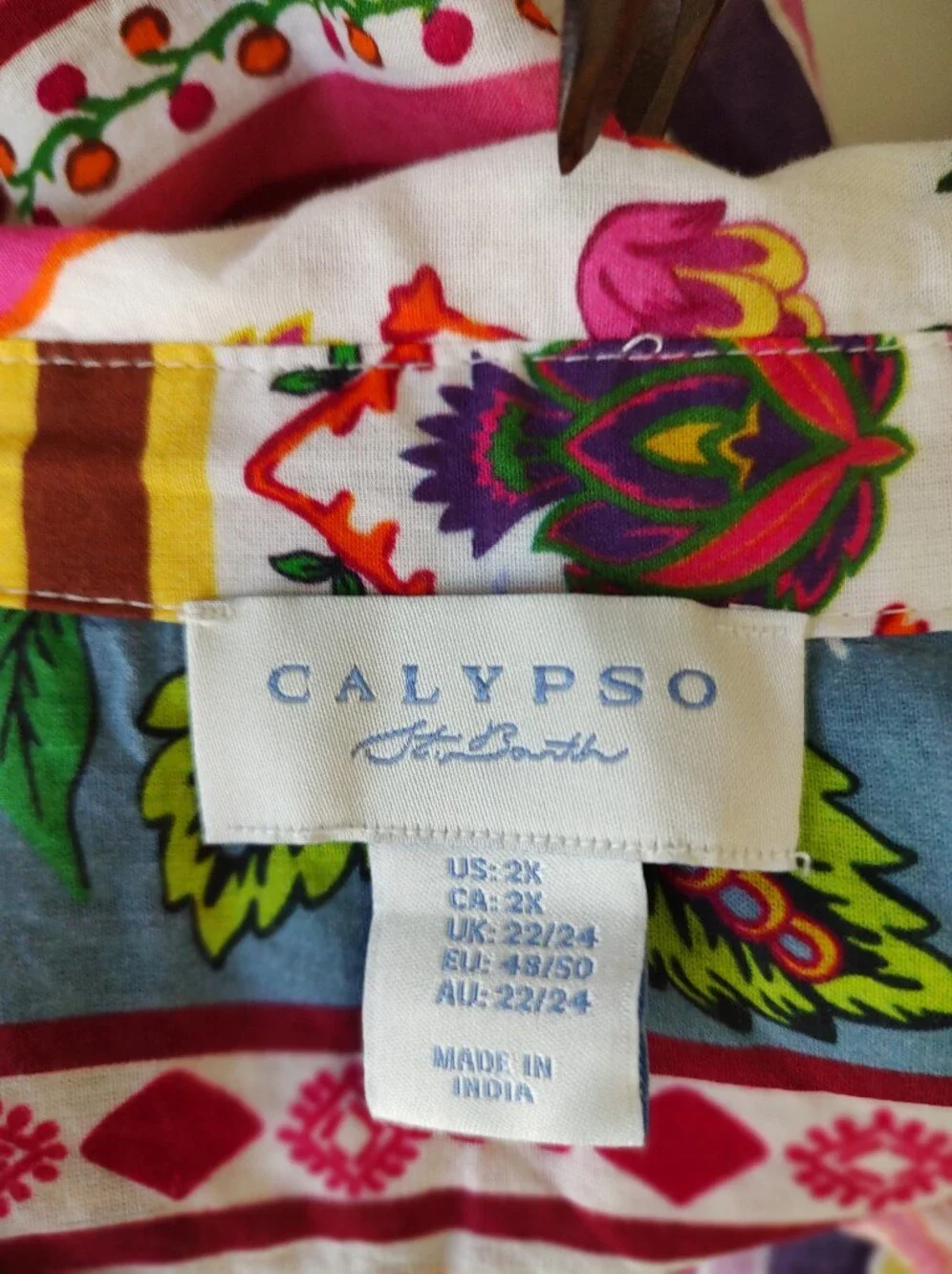 Calypso St. Barth Patchwork Style Festive Floral Red Button Down Shirt 2X
